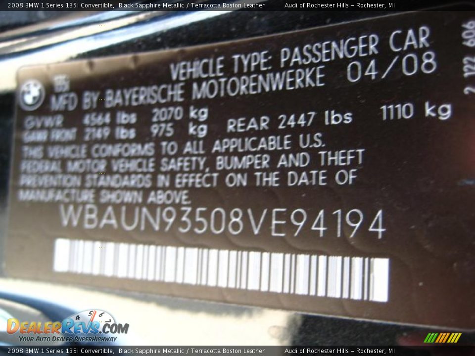 2008 BMW 1 Series 135i Convertible Black Sapphire Metallic / Terracotta Boston Leather Photo #22