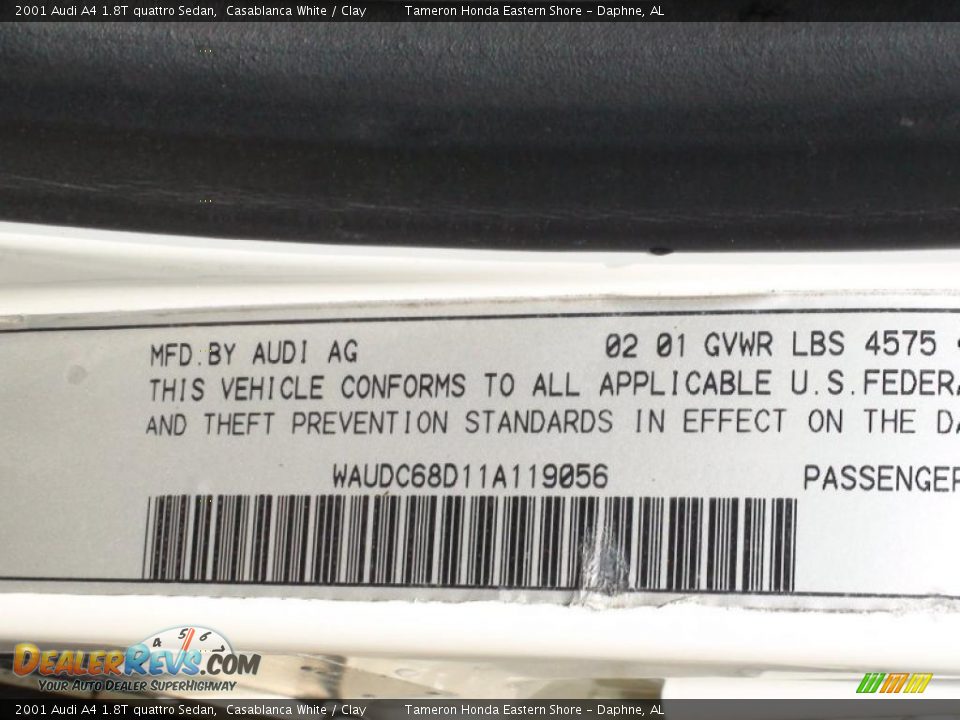 2001 Audi A4 1.8T quattro Sedan Casablanca White / Clay Photo #34