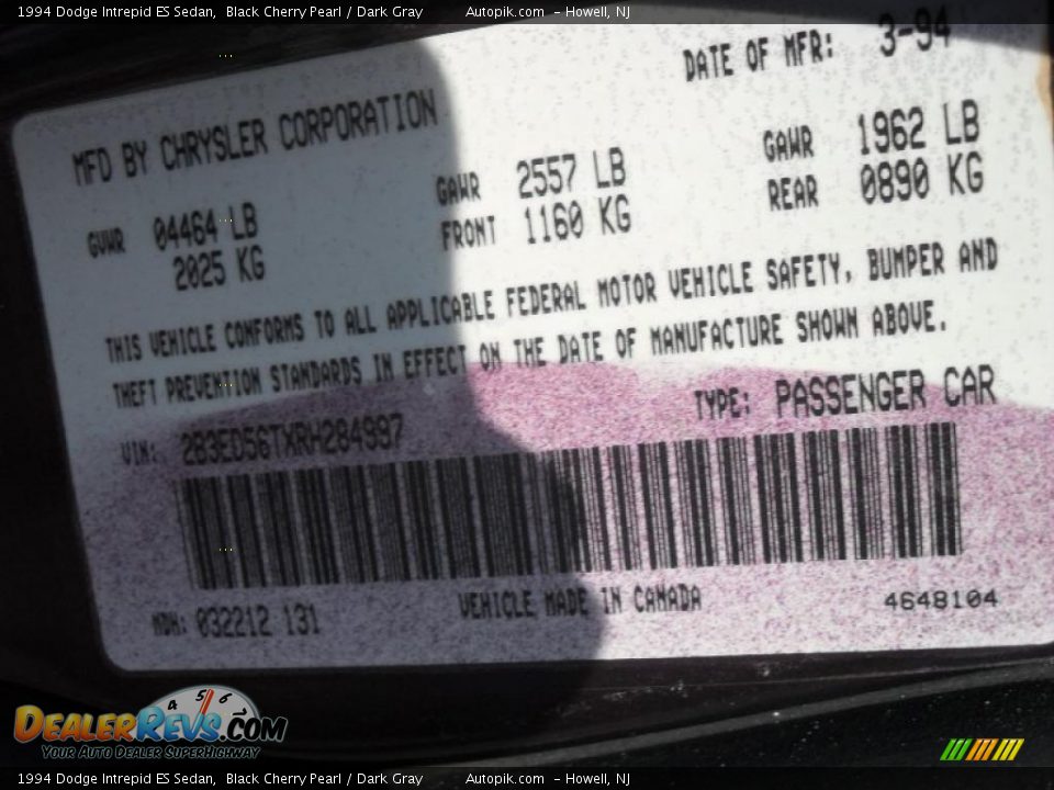 1994 Dodge Intrepid ES Sedan Black Cherry Pearl / Dark Gray Photo #15