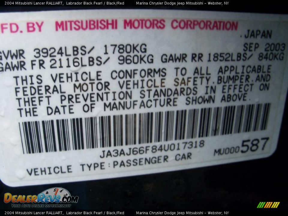 2004 Mitsubishi Lancer RALLIART Labrador Black Pearl / Black/Red Photo #32