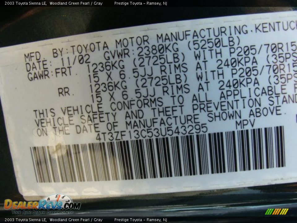 2003 Toyota Sienna LE Woodland Green Pearl / Gray Photo #15