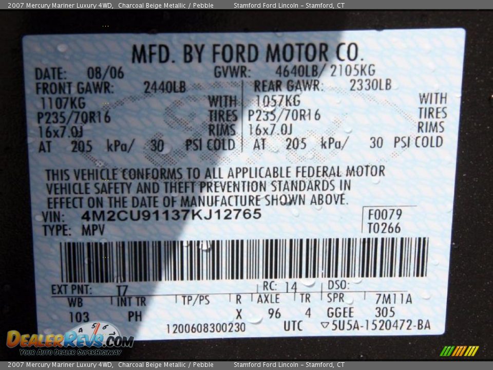 2007 Mercury Mariner Luxury 4WD Charcoal Beige Metallic / Pebble Photo #20