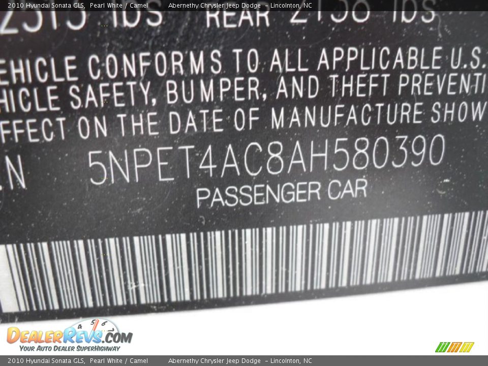 2010 Hyundai Sonata GLS Pearl White / Camel Photo #9