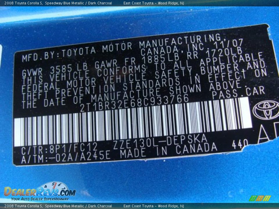 2008 Toyota Corolla S Speedway Blue Metallic / Dark Charcoal Photo #15