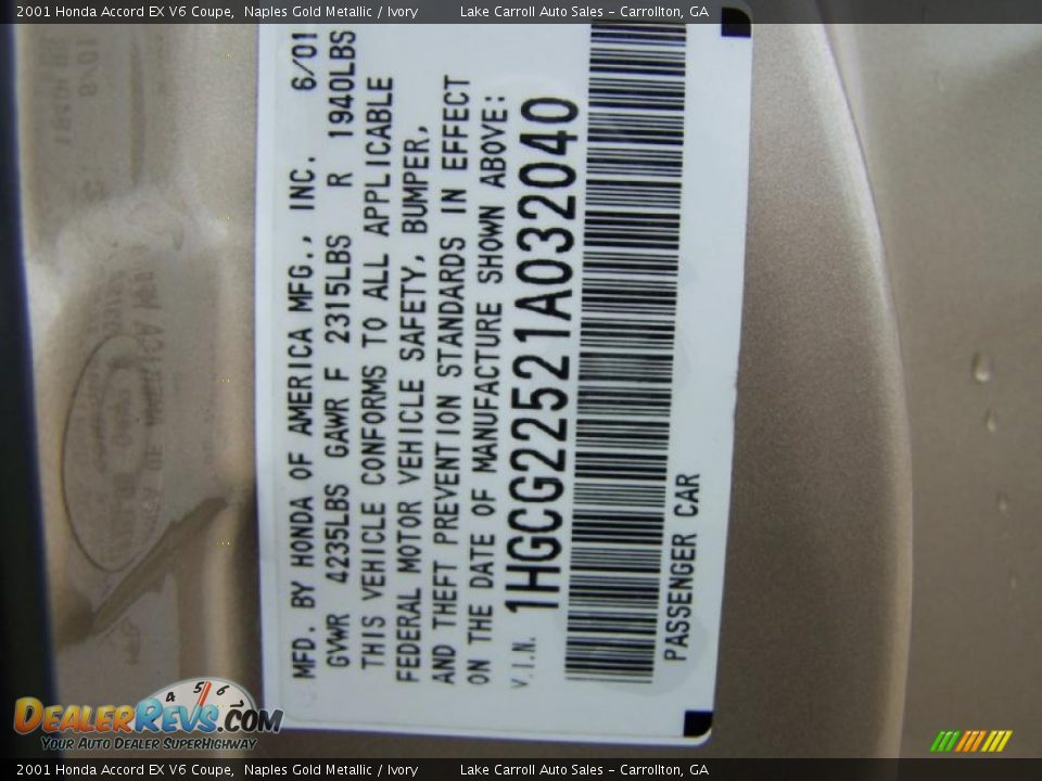 2001 Honda Accord EX V6 Coupe Naples Gold Metallic / Ivory Photo #23
