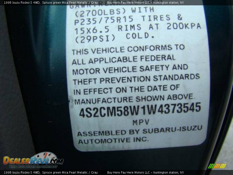 1998 Isuzu Rodeo S 4WD Spruce green Mica Pearl Metallic / Gray Photo #15