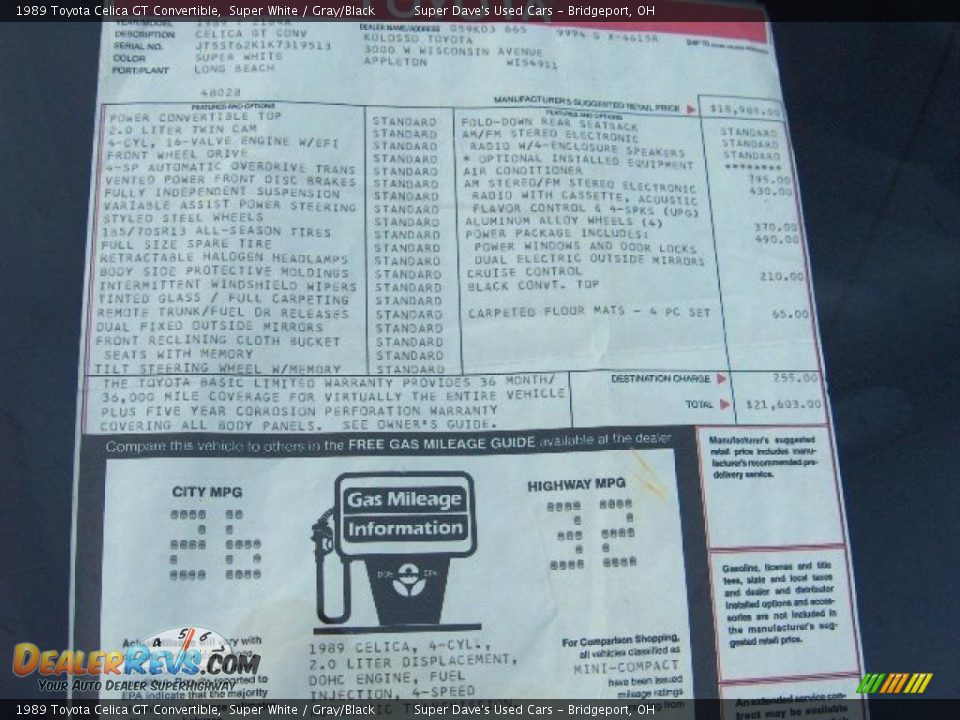 1989 Toyota Celica GT Convertible Super White / Gray/Black Photo #24