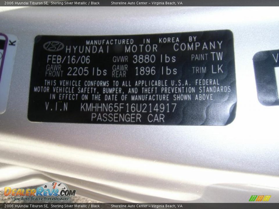 2006 Hyundai Tiburon SE Sterling Silver Metallic / Black Photo #24