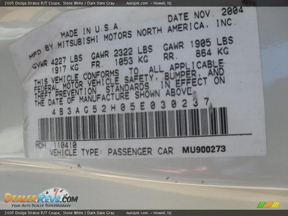 2005 Dodge Stratus R/T Coupe Stone White / Dark Slate Gray Photo #16