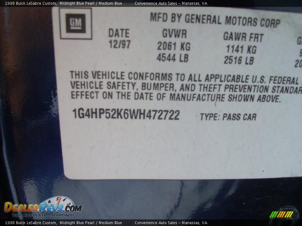 1998 Buick LeSabre Custom Midnight Blue Pearl / Medium Blue Photo #9