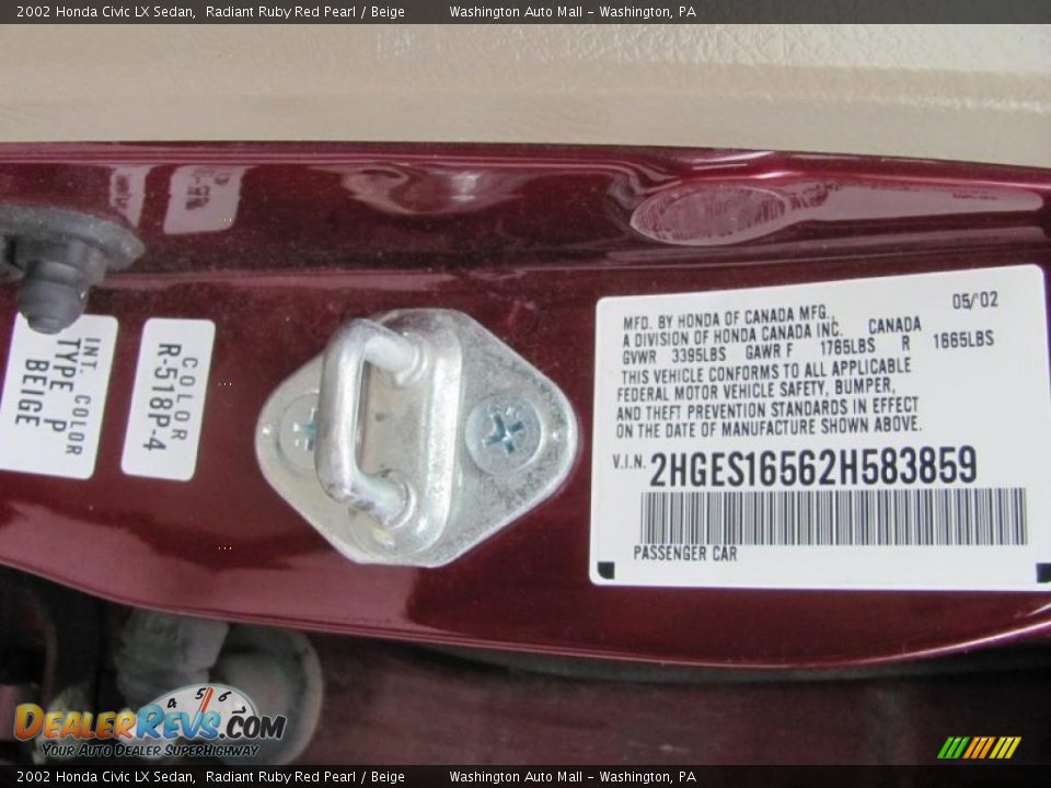 2002 Honda Civic LX Sedan Radiant Ruby Red Pearl / Beige Photo #19