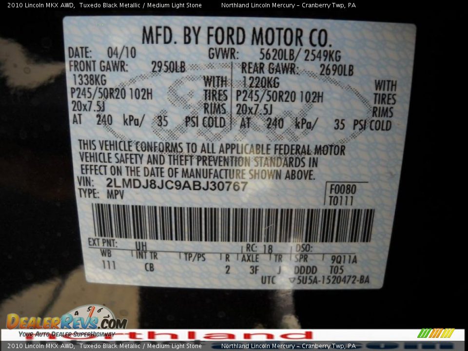 2010 Lincoln MKX AWD Tuxedo Black Metallic / Medium Light Stone Photo #9