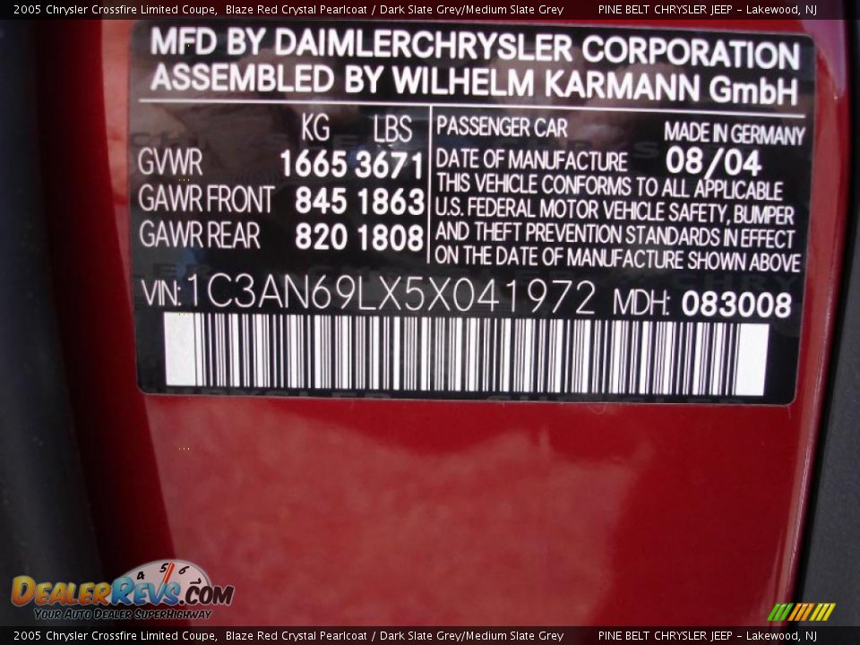 Info Tag of 2005 Chrysler Crossfire Limited Coupe Photo #15