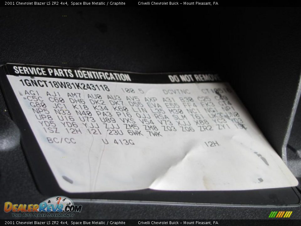 2001 Chevrolet Blazer LS ZR2 4x4 Space Blue Metallic / Graphite Photo #30