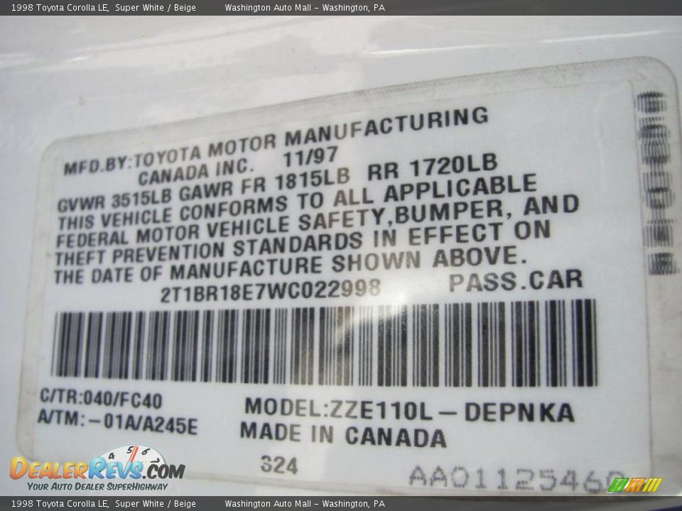 1998 Toyota Corolla LE Super White / Beige Photo #19