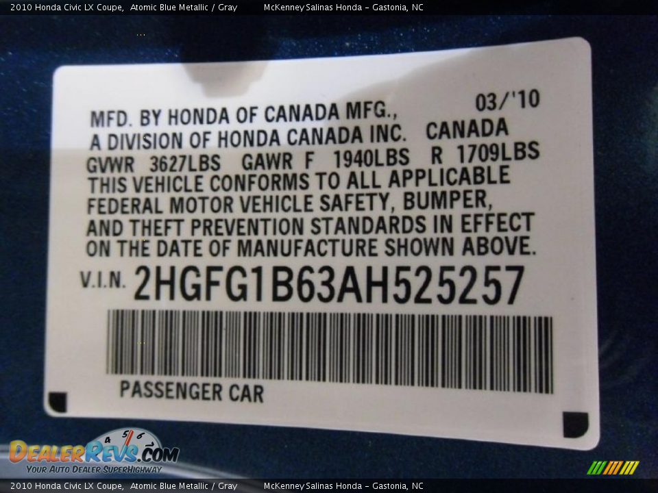 2010 Honda Civic LX Coupe Atomic Blue Metallic / Gray Photo #8