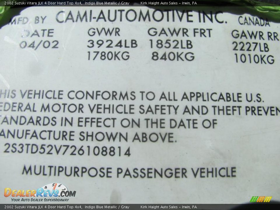 2002 Suzuki Vitara JLX 4 Door Hard Top 4x4 Indigo Blue Metallic / Gray Photo #20