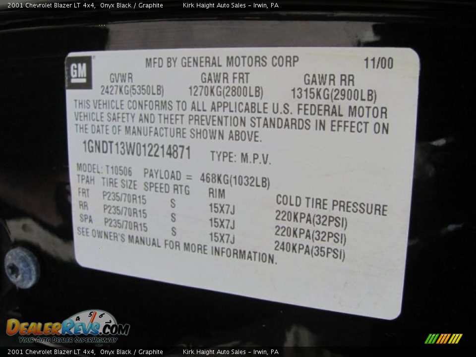 2001 Chevrolet Blazer LT 4x4 Onyx Black / Graphite Photo #25