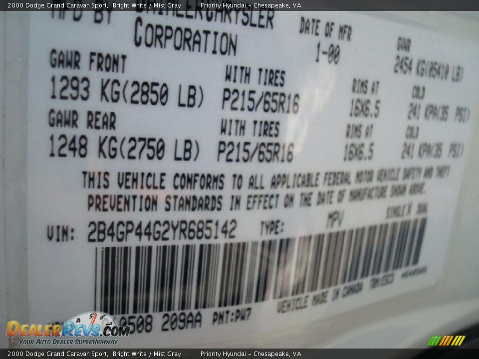 2000 Dodge Grand Caravan Sport Bright White / Mist Gray Photo #26