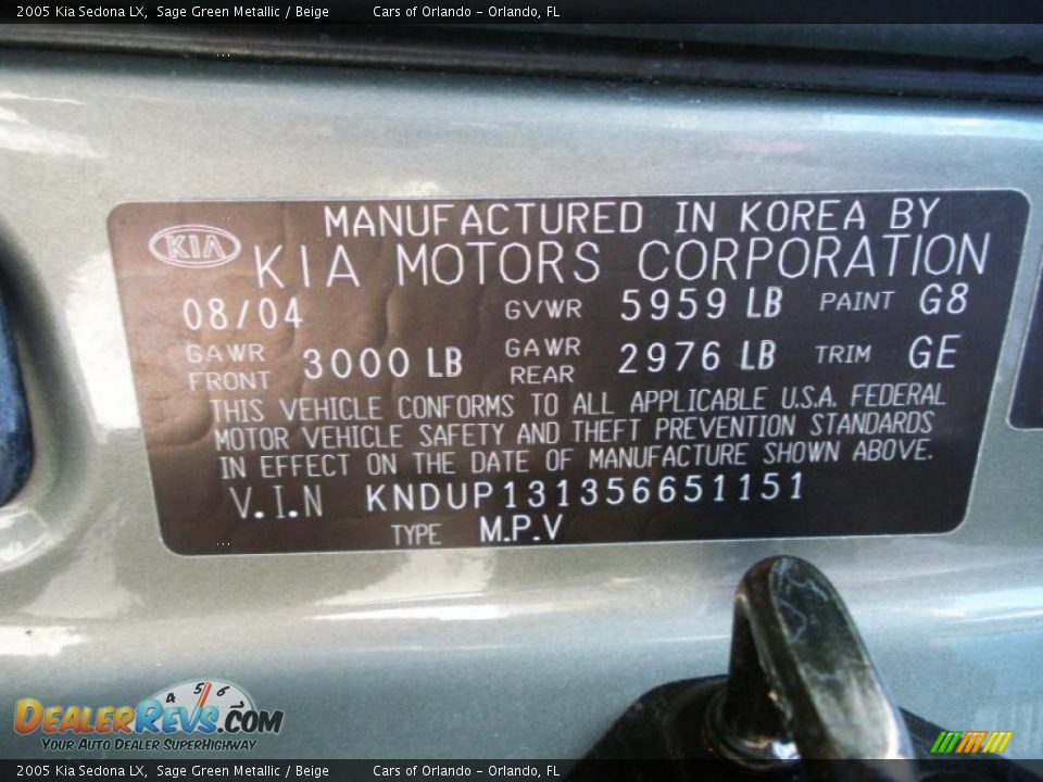 2005 Kia Sedona LX Sage Green Metallic / Beige Photo #26