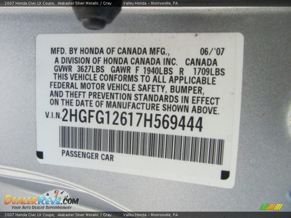 2007 Honda Civic LX Coupe Alabaster Silver Metallic / Gray Photo #14