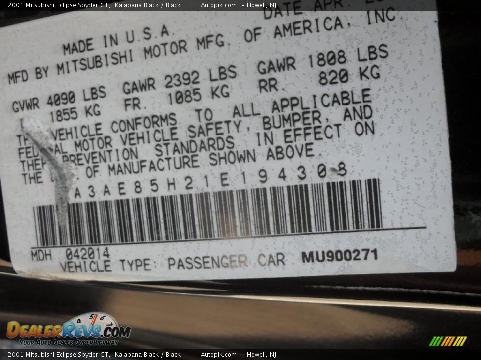 2001 Mitsubishi Eclipse Spyder GT Kalapana Black / Black Photo #22