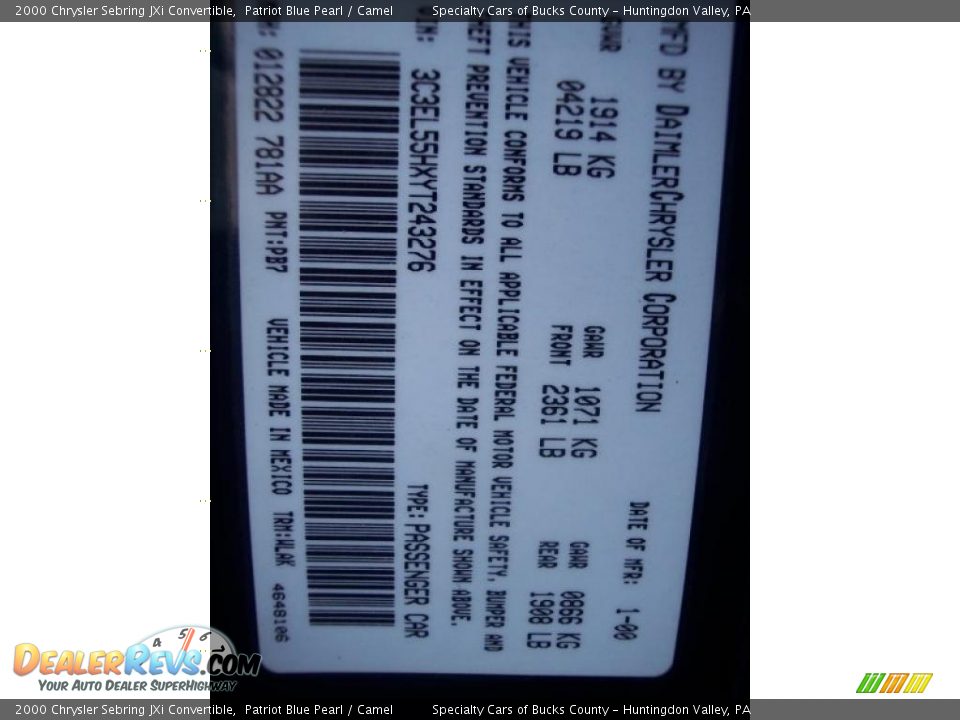 2000 Chrysler Sebring JXi Convertible Patriot Blue Pearl / Camel Photo #30