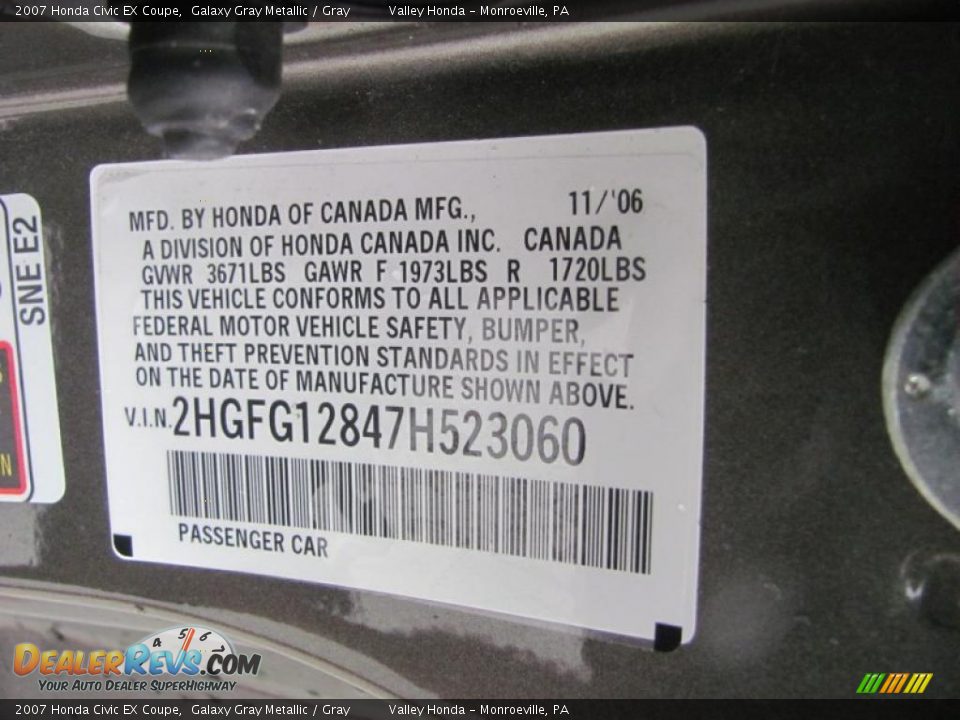 2007 Honda Civic EX Coupe Galaxy Gray Metallic / Gray Photo #14