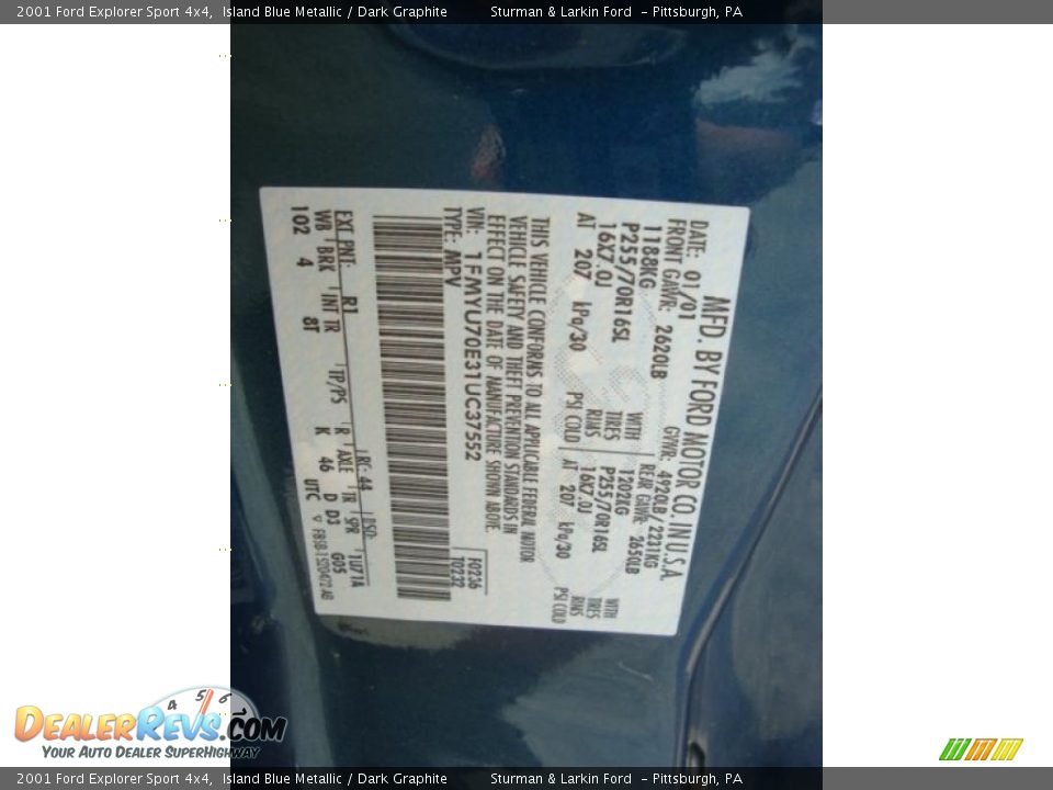 2001 Ford Explorer Sport 4x4 Island Blue Metallic / Dark Graphite Photo #19