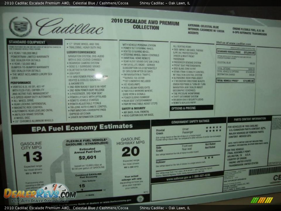 2010 Cadillac Escalade Premium AWD Window Sticker Photo #12