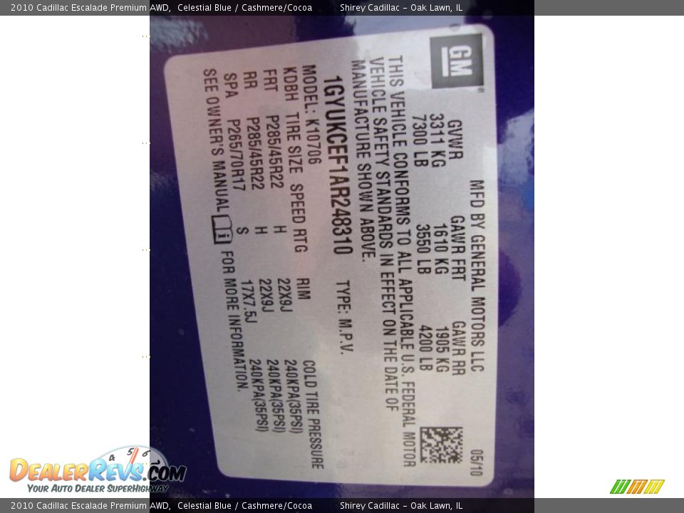 Info Tag of 2010 Cadillac Escalade Premium AWD Photo #17