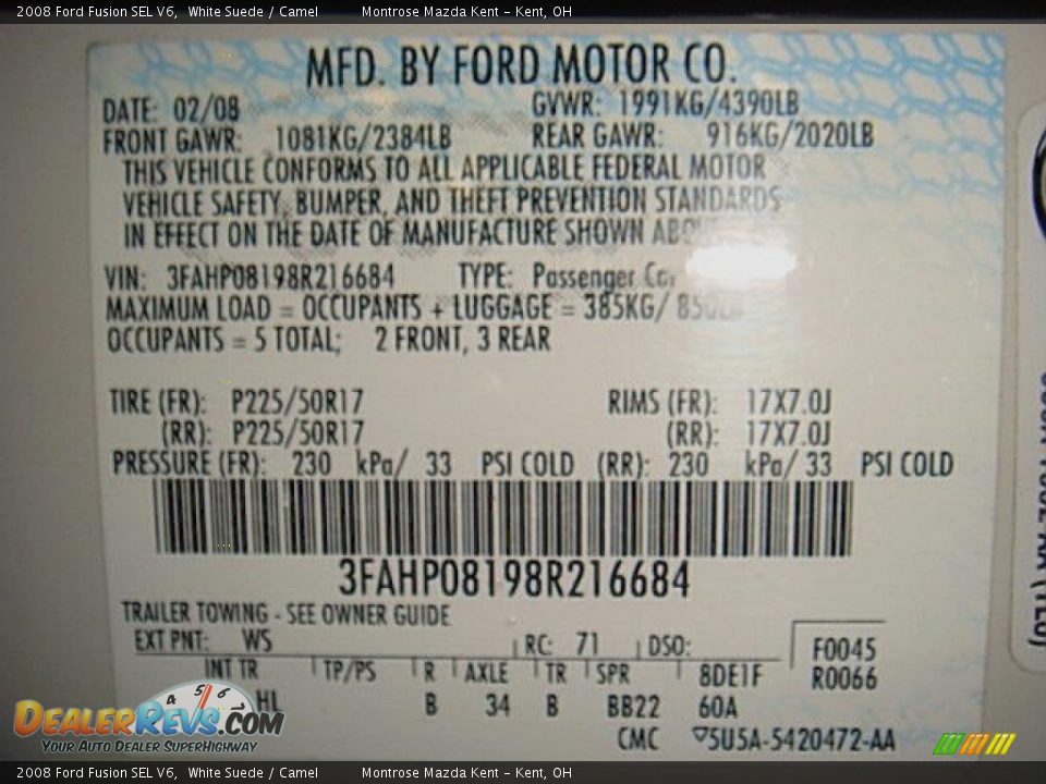 2008 Ford Fusion SEL V6 White Suede / Camel Photo #25