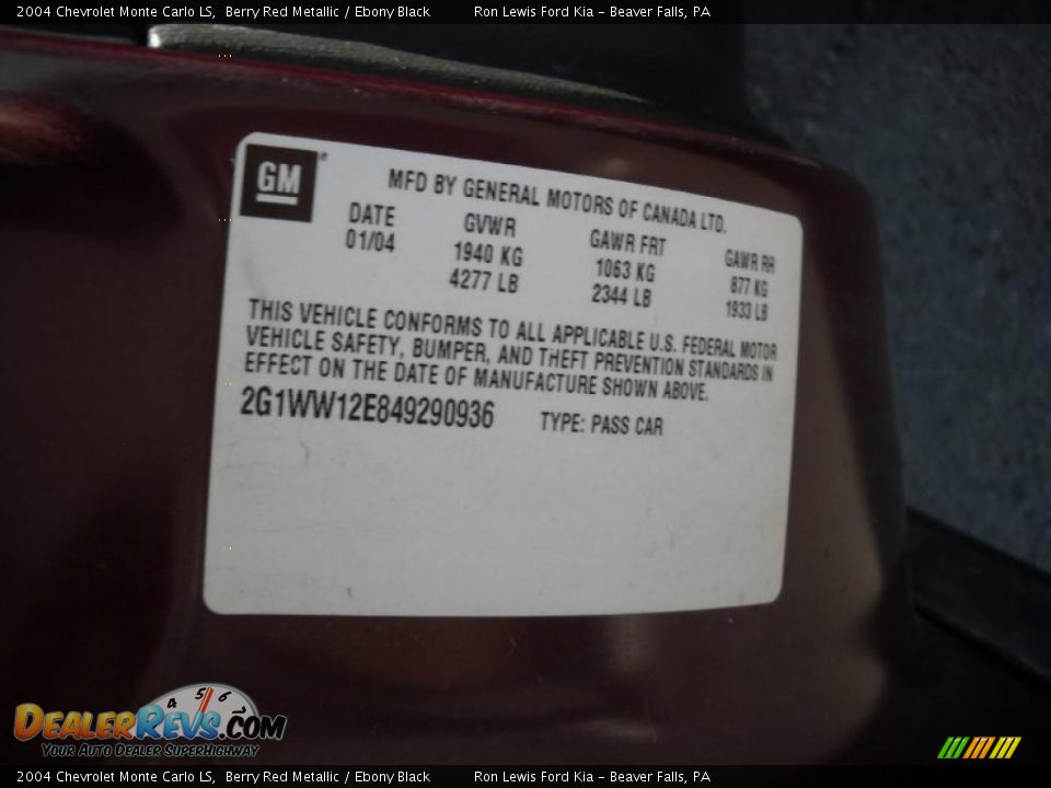 2004 Chevrolet Monte Carlo LS Berry Red Metallic / Ebony Black Photo #9