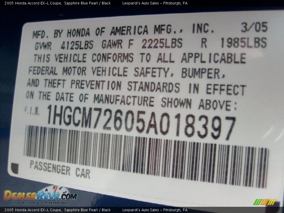 2005 Honda Accord EX-L Coupe Sapphire Blue Pearl / Black Photo #20