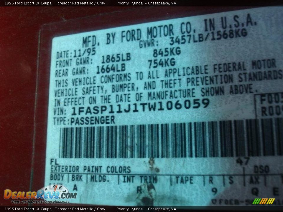 1996 Ford Escort LX Coupe Toreador Red Metallic / Gray Photo #17