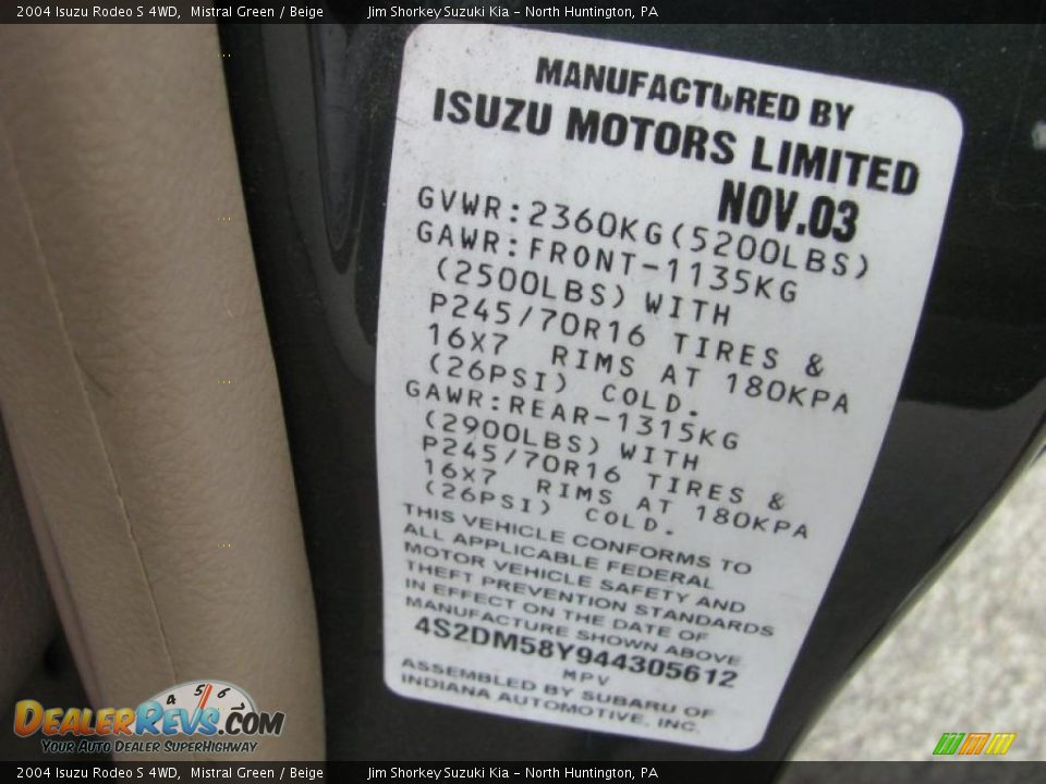 2004 Isuzu Rodeo S 4WD Mistral Green / Beige Photo #14