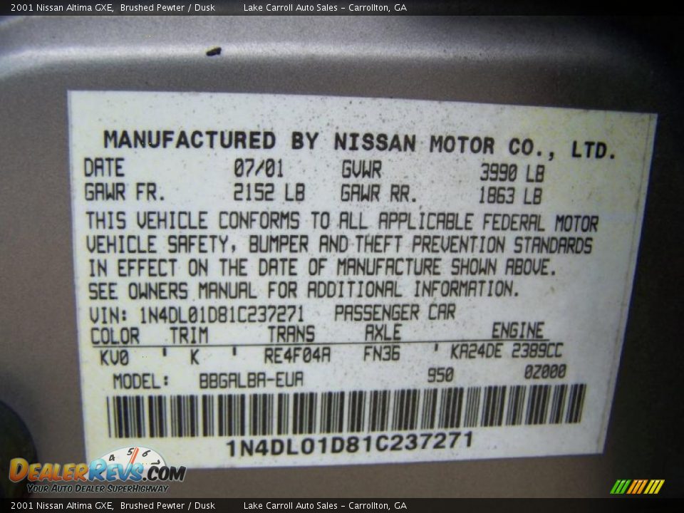2001 Nissan Altima GXE Brushed Pewter / Dusk Photo #35