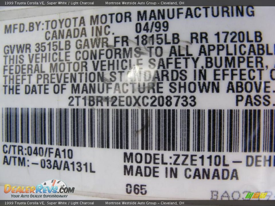 1999 Toyota Corolla VE Super White / Light Charcoal Photo #29