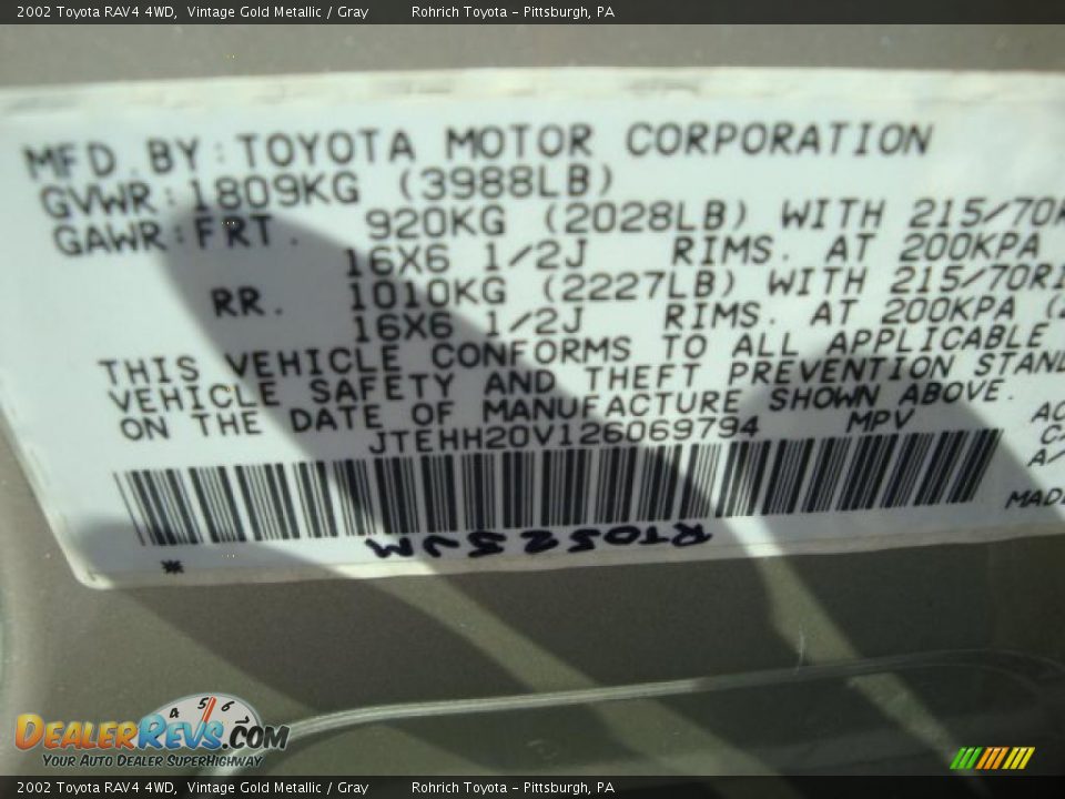 2002 Toyota RAV4 4WD Vintage Gold Metallic / Gray Photo #19