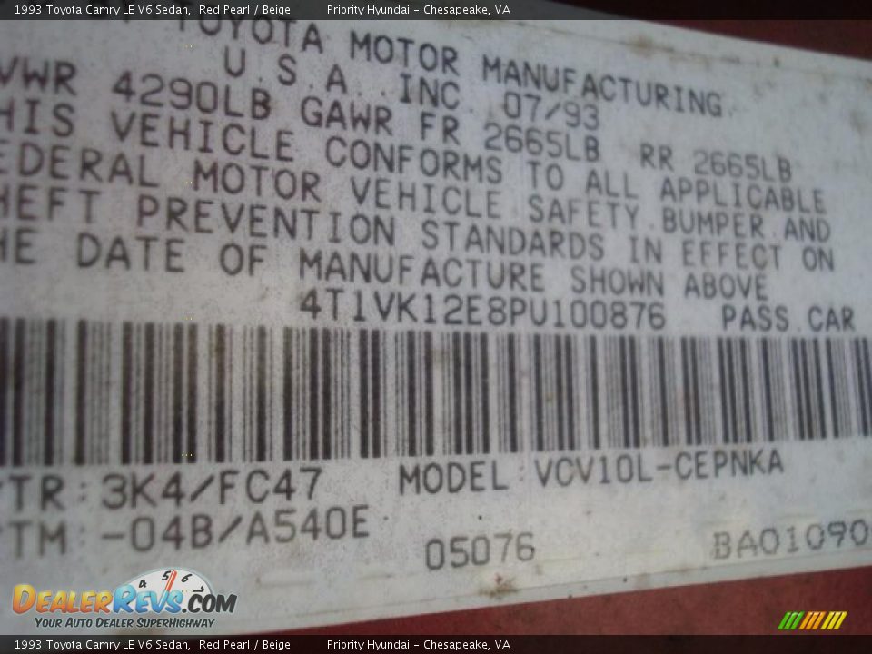 1993 Toyota Camry LE V6 Sedan Red Pearl / Beige Photo #25