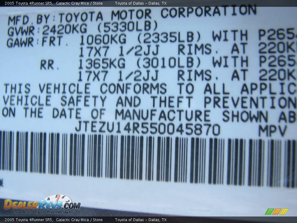 2005 Toyota 4Runner SR5 Galactic Gray Mica / Stone Photo #15