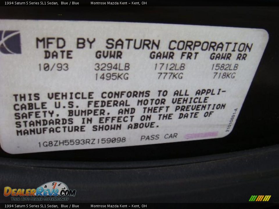 1994 Saturn S Series SL1 Sedan Blue / Blue Photo #16