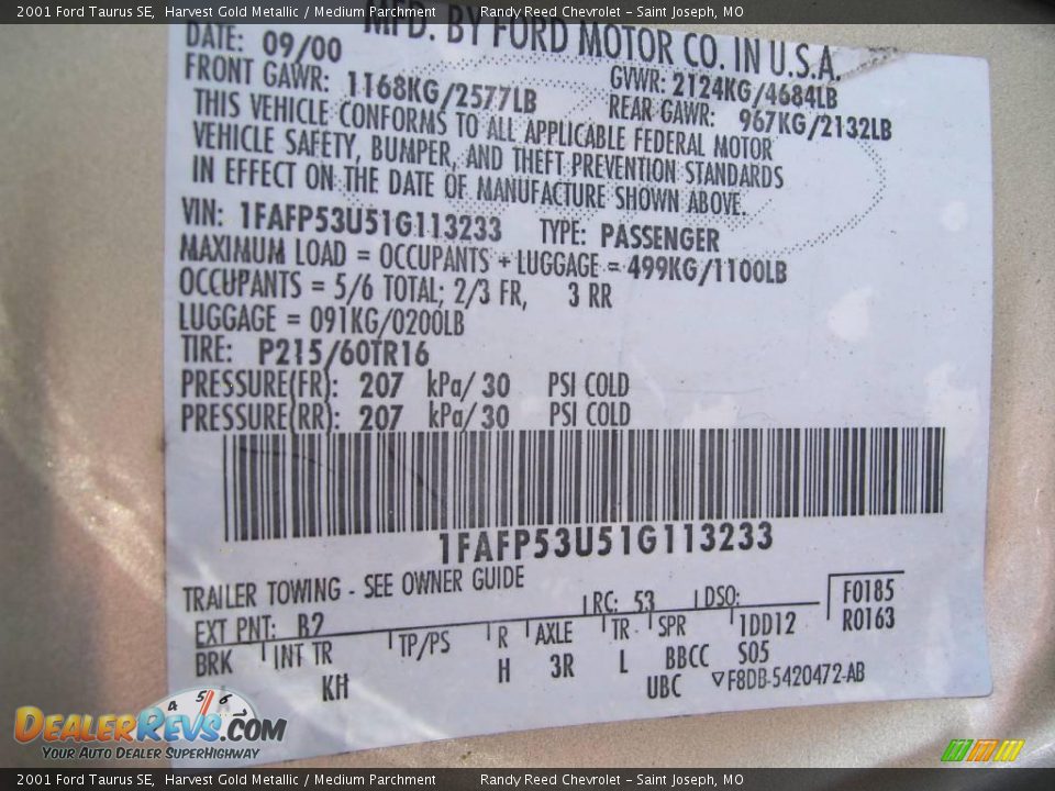 2001 Ford Taurus SE Harvest Gold Metallic / Medium Parchment Photo #14