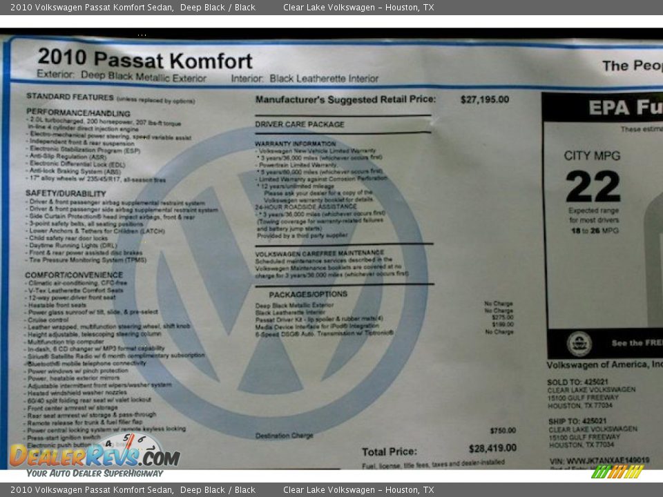 2010 Volkswagen Passat Komfort Sedan Deep Black / Black Photo #19