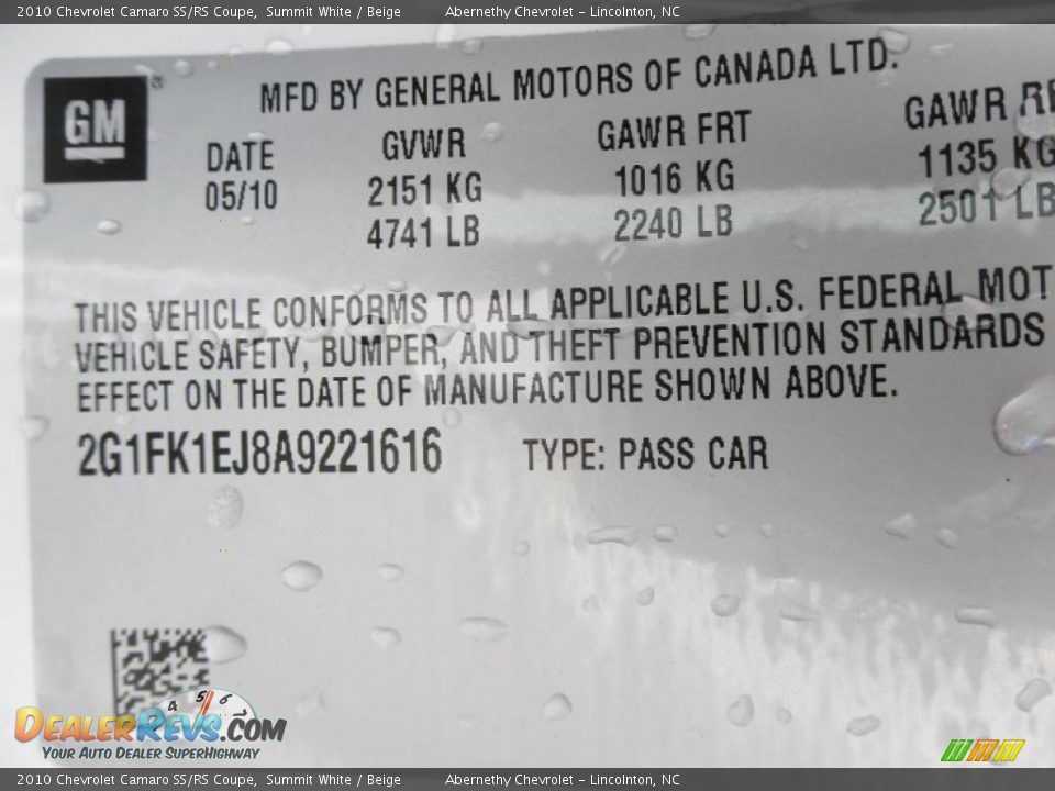 2010 Chevrolet Camaro SS/RS Coupe Summit White / Beige Photo #6