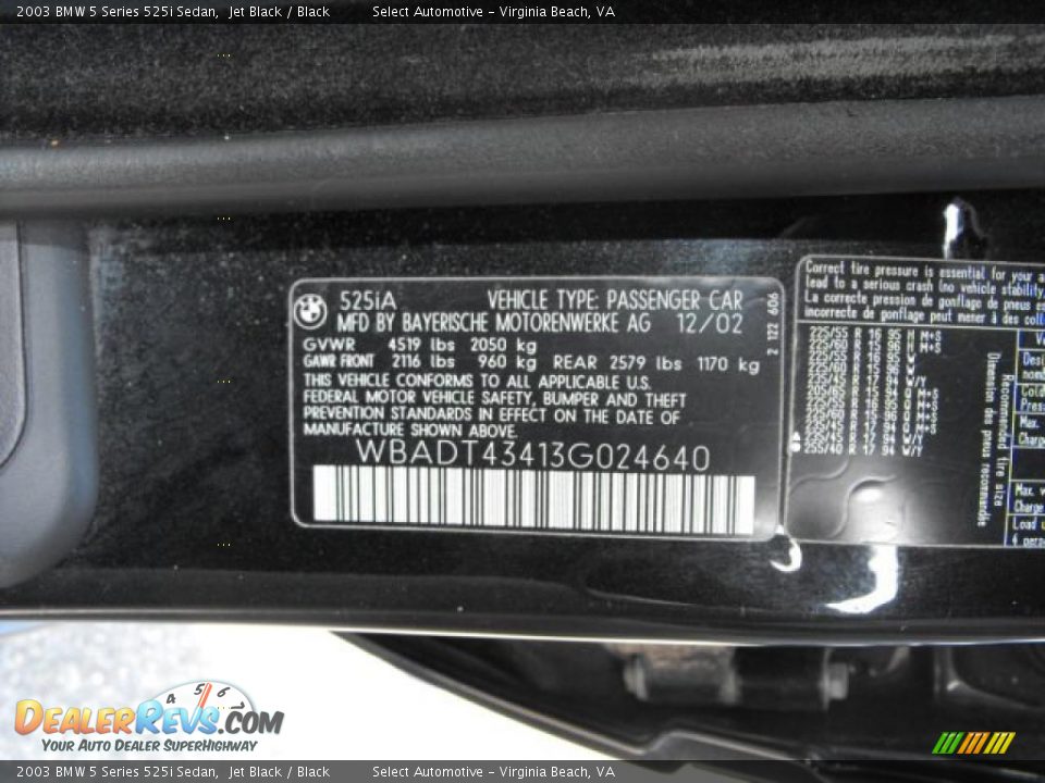 2003 BMW 5 Series 525i Sedan Jet Black / Black Photo #23