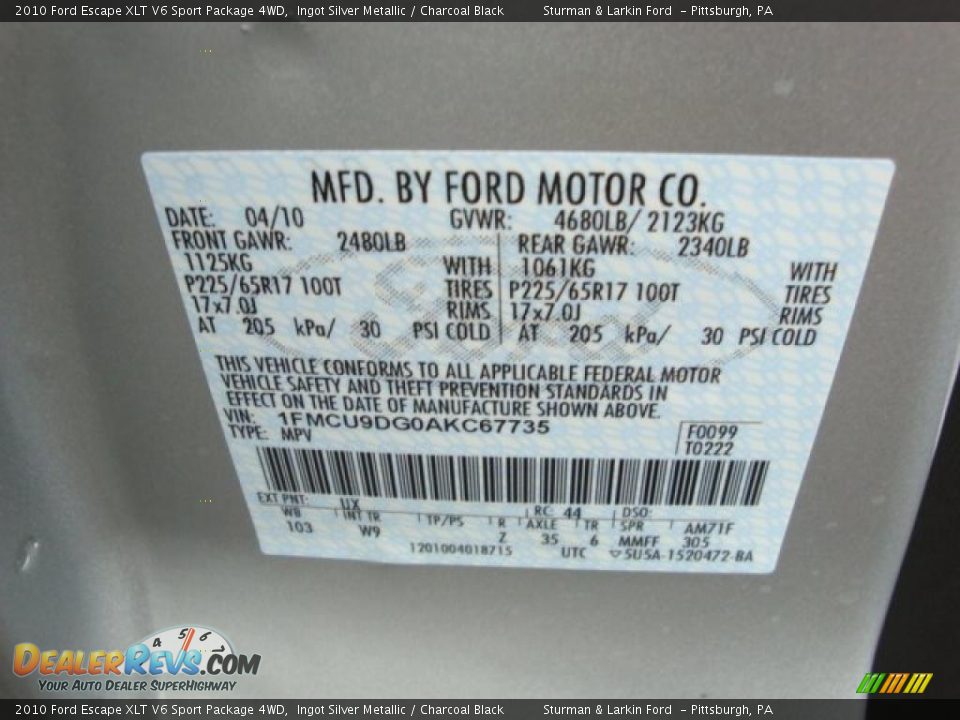 2010 Ford Escape XLT V6 Sport Package 4WD Ingot Silver Metallic / Charcoal Black Photo #19