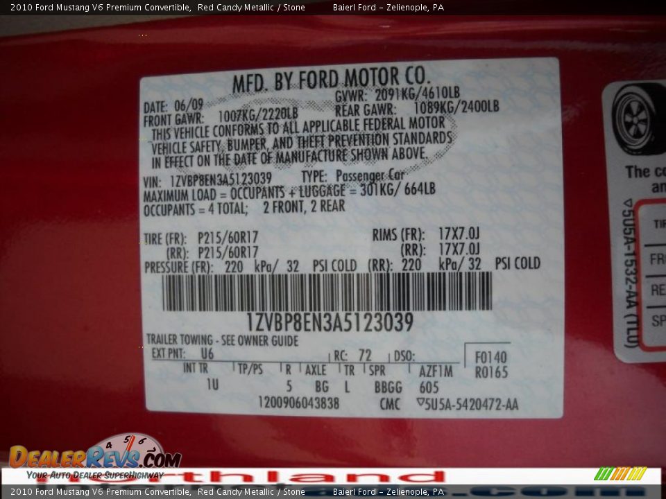 2010 Ford Mustang V6 Premium Convertible Red Candy Metallic / Stone Photo #13