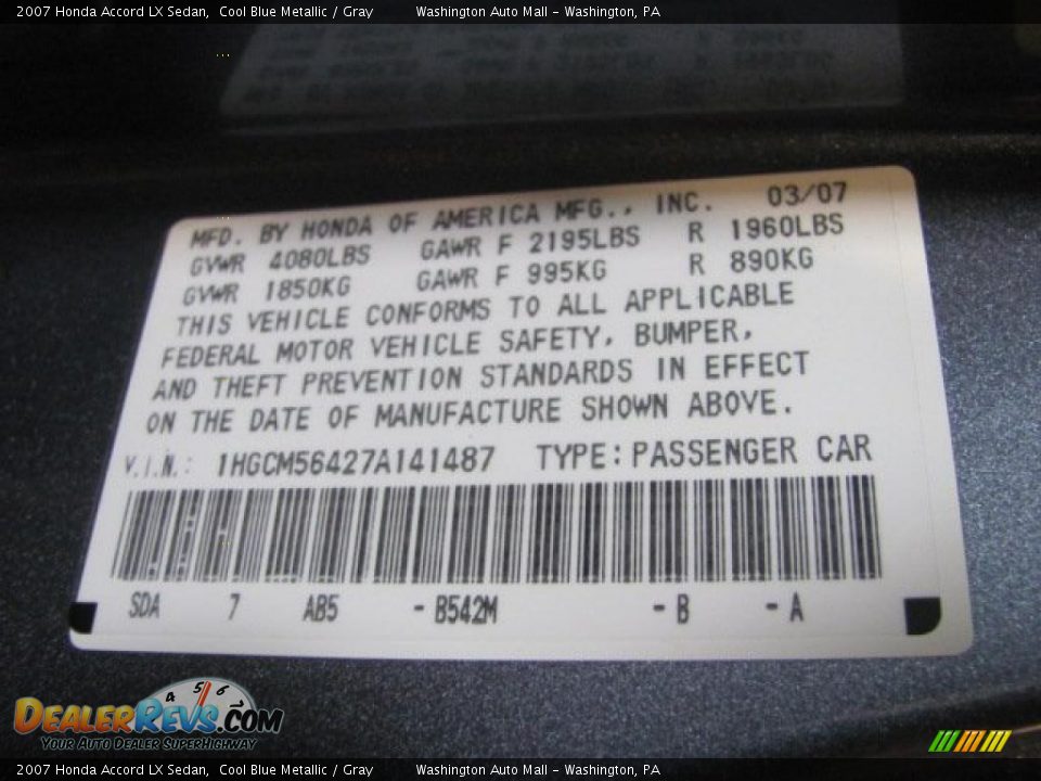 2007 Honda Accord LX Sedan Cool Blue Metallic / Gray Photo #16
