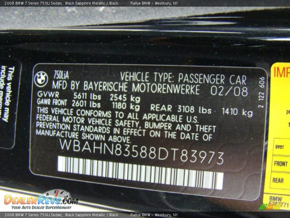 2008 BMW 7 Series 750Li Sedan Black Sapphire Metallic / Black Photo #15